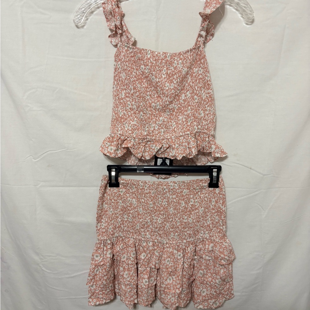 NWT Pink floral ruffle shirred crop top and skirt set.